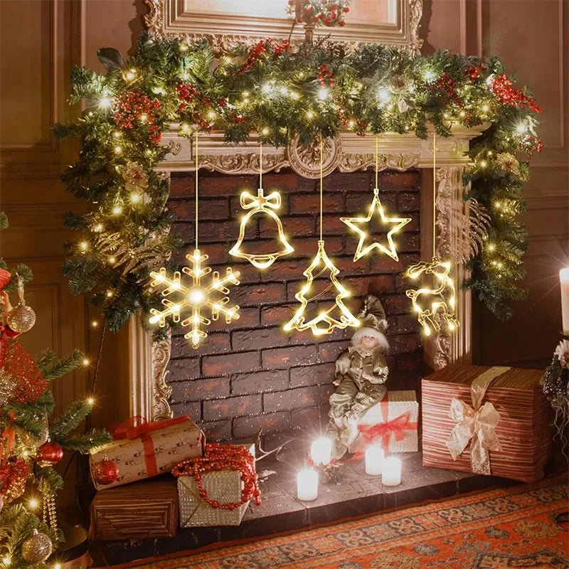 Luces de Ventana Navideñas - Decoración con Estrella, Árbol y Campanas LED Cálidas para Chimenea en Navidad - VibraStore