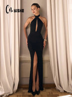 CNYISHE Halter Split Hollow Out Sleeve Party Elegant Women Dresses Trendy Sexy Club Fashion Skinny Outfits Female Solid Bodycon - VibraStore