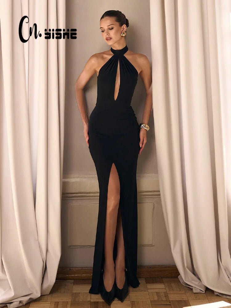 CNYISHE Halter Split Hollow Out Sleeve Party Elegant Women Dresses Trendy Sexy Club Fashion Skinny Outfits Female Solid Bodycon - VibraStore