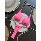 Conjunto de Bikini de color liso con cuello Halter para mujer, traje de baño Sexy con Tanga triangular de dos piezas, bikinis brasileños - VibraStore