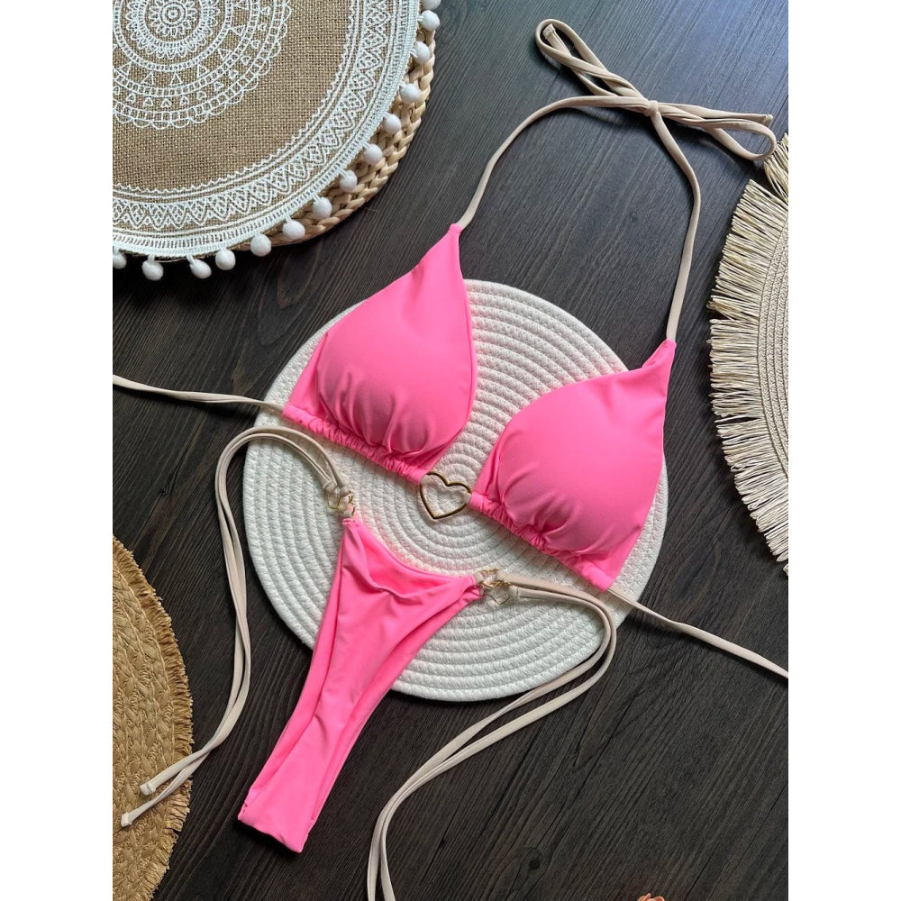 Conjunto de Bikini de color liso con cuello Halter para mujer, traje de baño Sexy con Tanga triangular de dos piezas, bikinis brasileños - VibraStore