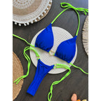 Conjunto de Bikini de color liso con cuello Halter para mujer, traje de baño Sexy con Tanga triangular de dos piezas, bikinis brasileños - VibraStore