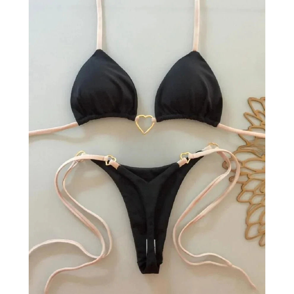 Conjunto de Bikini de color liso con cuello Halter para mujer, traje de baño Sexy con Tanga triangular de dos piezas, bikinis brasileños - VibraStore
