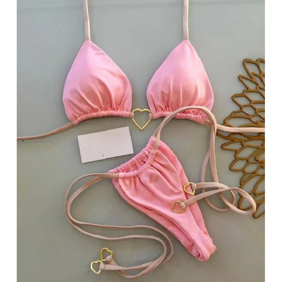 Conjunto de Bikini de color liso con cuello Halter para mujer, traje de baño Sexy con Tanga triangular de dos piezas, bikinis brasileños - VibraStore