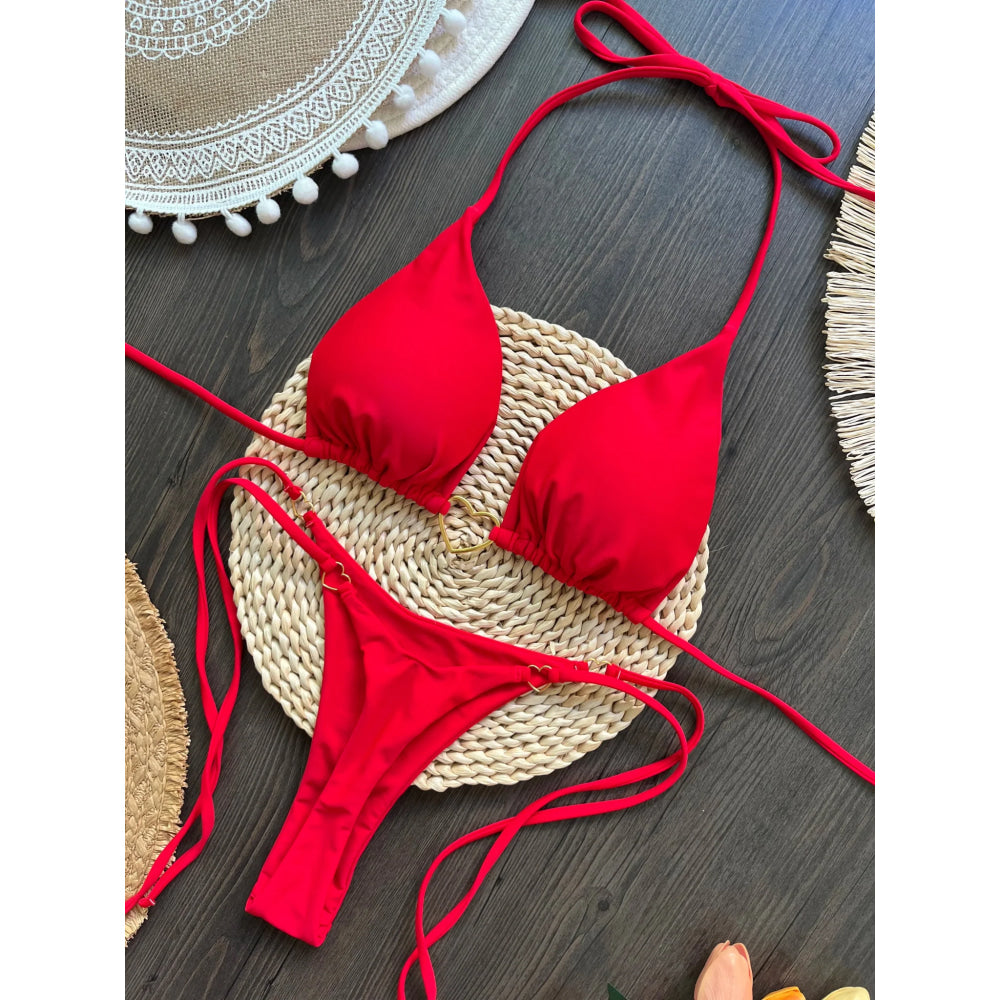 Conjunto de Bikini de color liso con cuello Halter para mujer, traje de baño Sexy con Tanga triangular de dos piezas, bikinis brasileños - VibraStore