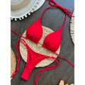 Conjunto de Bikini de color liso con cuello Halter para mujer, traje de baño Sexy con Tanga triangular de dos piezas, bikinis brasileños - VibraStore