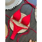 Conjunto de Bikini de color liso con cuello Halter para mujer, traje de baño Sexy con Tanga triangular de dos piezas, bikinis brasileños - VibraStore
