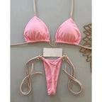 Conjunto de Bikini de color liso con cuello Halter para mujer, traje de baño Sexy con Tanga triangular de dos piezas, bikinis brasileños - VibraStore