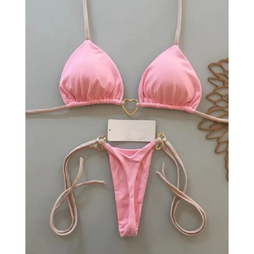Conjunto de Bikini de color liso con cuello Halter para mujer, traje de baño Sexy con Tanga triangular de dos piezas, bikinis brasileños - VibraStore