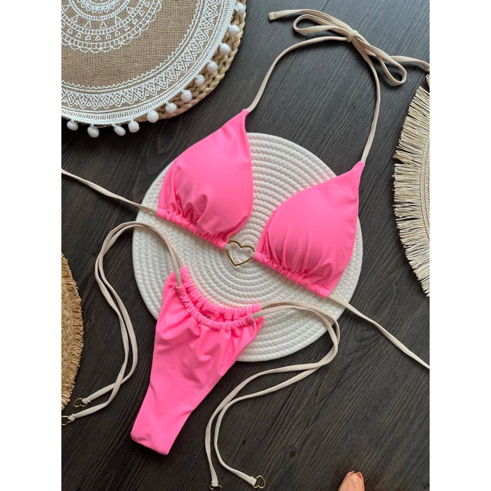 Conjunto de Bikini de color liso con cuello Halter para mujer, traje de baño Sexy con Tanga triangular de dos piezas, bikinis brasileños - VibraStore