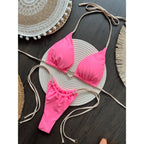 Conjunto de Bikini de color liso con cuello Halter para mujer, traje de baño Sexy con Tanga triangular de dos piezas, bikinis brasileños - VibraStore