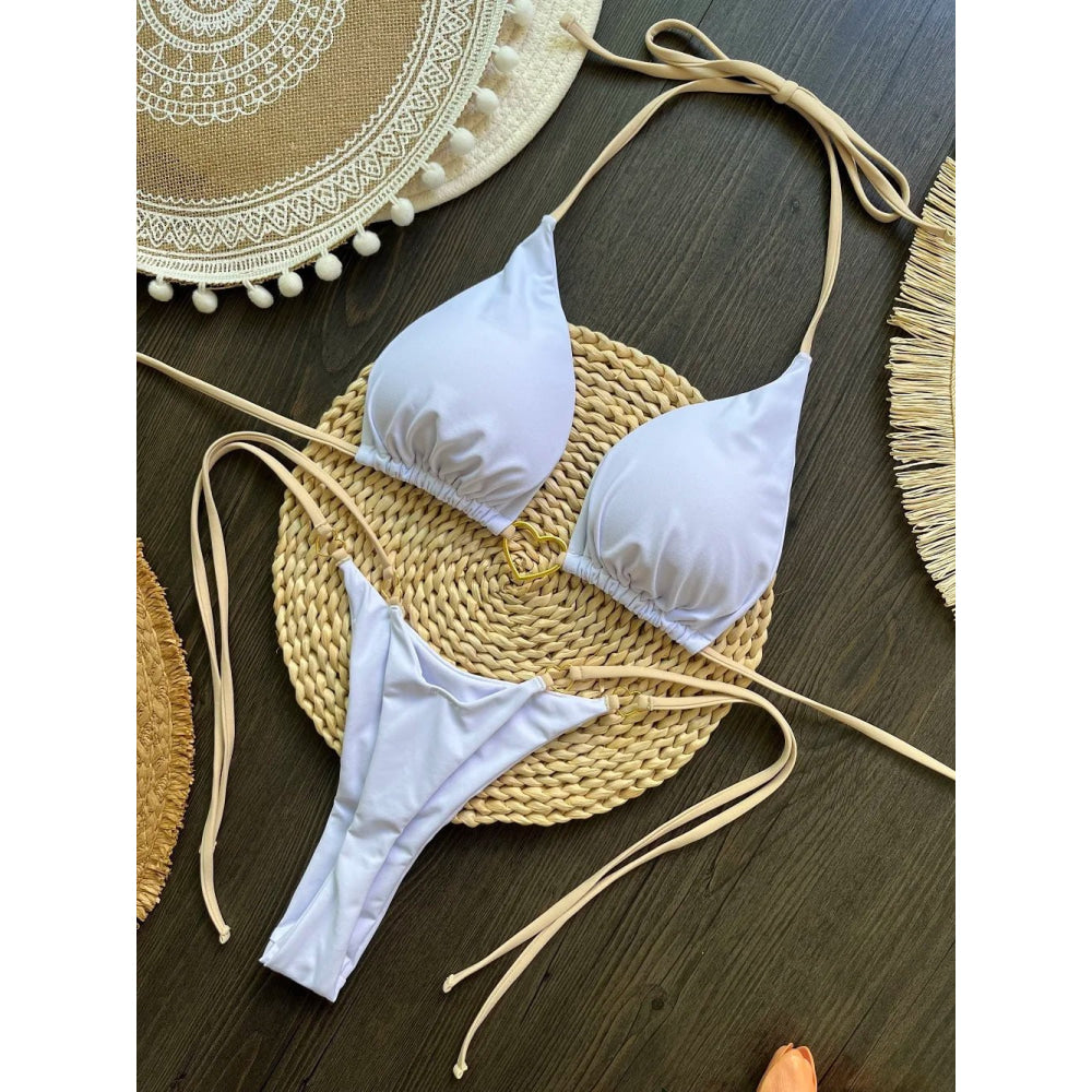 Conjunto de Bikini de color liso con cuello Halter para mujer, traje de baño Sexy con Tanga triangular de dos piezas, bikinis brasileños - VibraStore