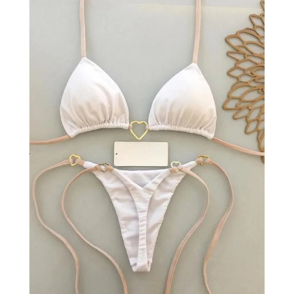 Conjunto de Bikini de color liso con cuello Halter para mujer, traje de baño Sexy con Tanga triangular de dos piezas, bikinis brasileños - VibraStore