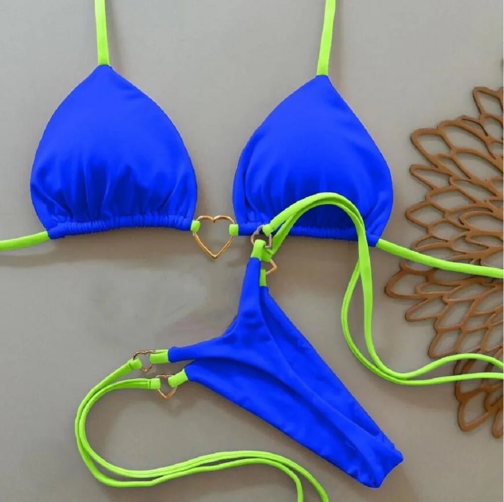 Conjunto de Bikini de color liso con cuello Halter para mujer, traje de baño Sexy con Tanga triangular de dos piezas, bikinis brasileños - VibraStore