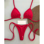 Conjunto de Bikini de color liso con cuello Halter para mujer, traje de baño Sexy con Tanga triangular de dos piezas, bikinis brasileños - VibraStore