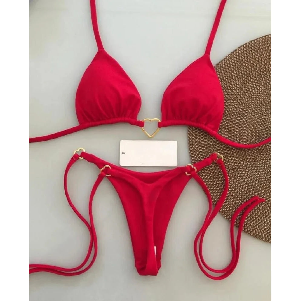 Conjunto de Bikini de color liso con cuello Halter para mujer, traje de baño Sexy con Tanga triangular de dos piezas, bikinis brasileños - VibraStore