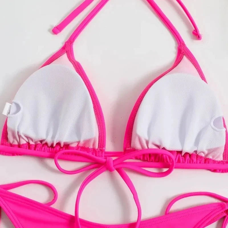Conjunto de Bikini de Color liso con Tanga para mujer, traje de baño Sexy con lazo Halter lateral, traje de baño brasileño ajustable con correa dividida, ropa de playa - VibraStore