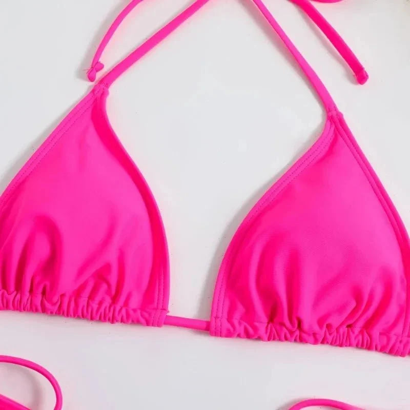 Conjunto de Bikini de Color liso con Tanga para mujer, traje de baño Sexy con lazo Halter lateral, traje de baño brasileño ajustable con correa dividida, ropa de playa - VibraStore