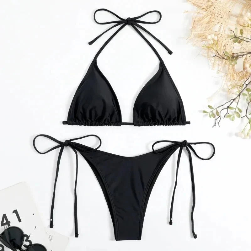 Conjunto de Bikini de Color liso con Tanga para mujer, traje de baño Sexy con lazo Halter lateral, traje de baño brasileño ajustable con correa dividida, ropa de playa - VibraStore