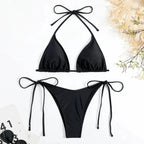 Conjunto de Bikini de Color liso con Tanga para mujer, traje de baño Sexy con lazo Halter lateral, traje de baño brasileño ajustable con correa dividida, ropa de playa - VibraStore