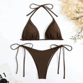 Conjunto de Bikini de Color liso con Tanga para mujer, traje de baño Sexy con lazo Halter lateral, traje de baño brasileño ajustable con correa dividida, ropa de playa - VibraStore