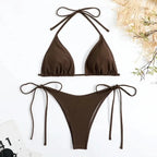 Conjunto de Bikini de Color liso con Tanga para mujer, traje de baño Sexy con lazo Halter lateral, traje de baño brasileño ajustable con correa dividida, ropa de playa - VibraStore