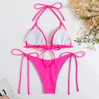 Conjunto de Bikini de Color liso con Tanga para mujer, traje de baño Sexy con lazo Halter lateral, traje de baño brasileño ajustable con correa dividida, ropa de playa - VibraStore