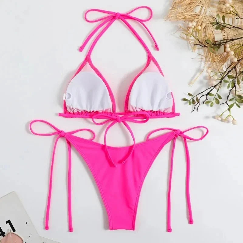 Conjunto de Bikini de Color liso con Tanga para mujer, traje de baño Sexy con lazo Halter lateral, traje de baño brasileño ajustable con correa dividida, ropa de playa - VibraStore