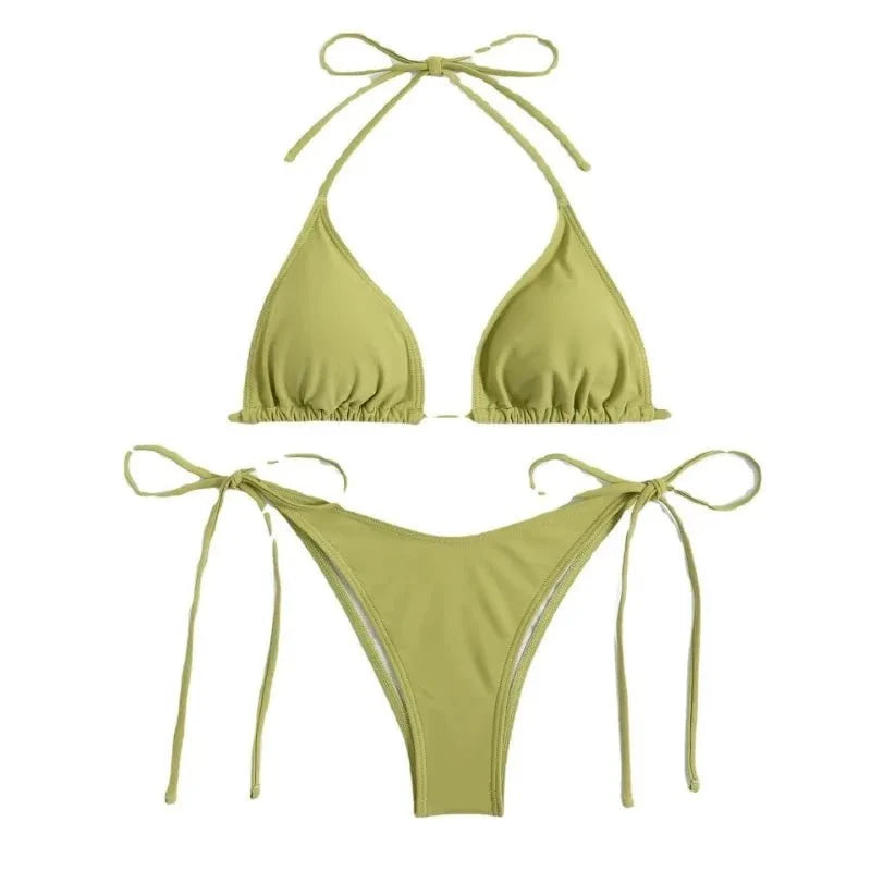 Conjunto de Bikini de Color liso con Tanga para mujer, traje de baño Sexy con lazo Halter lateral, traje de baño brasileño ajustable con correa dividida, ropa de playa - VibraStore