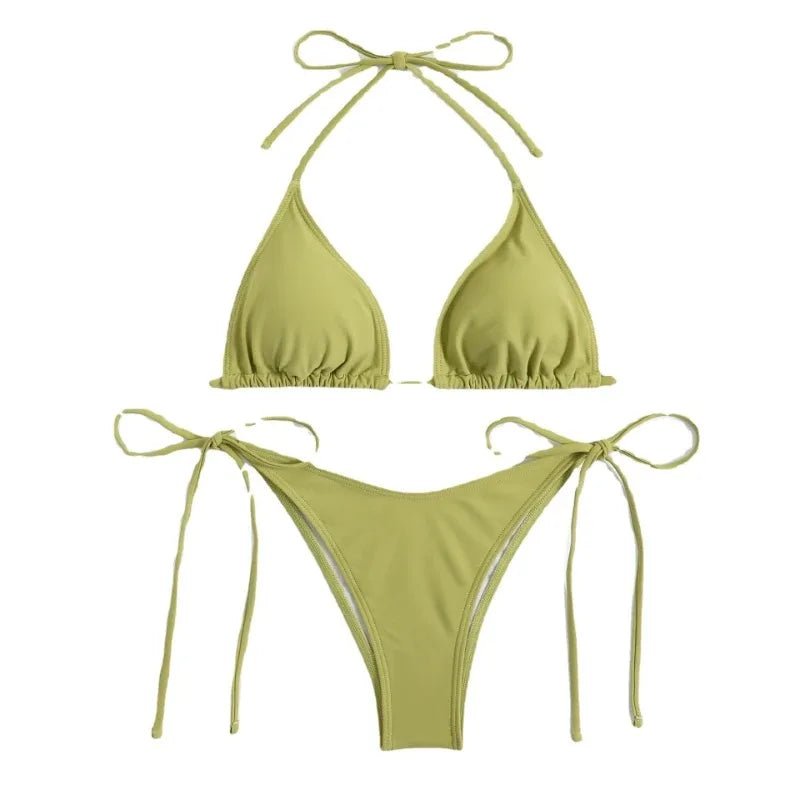 Conjunto de Bikini de Color liso con Tanga para mujer, traje de baño Sexy con lazo Halter lateral, traje de baño brasileño ajustable con correa dividida, ropa de playa - VibraStore