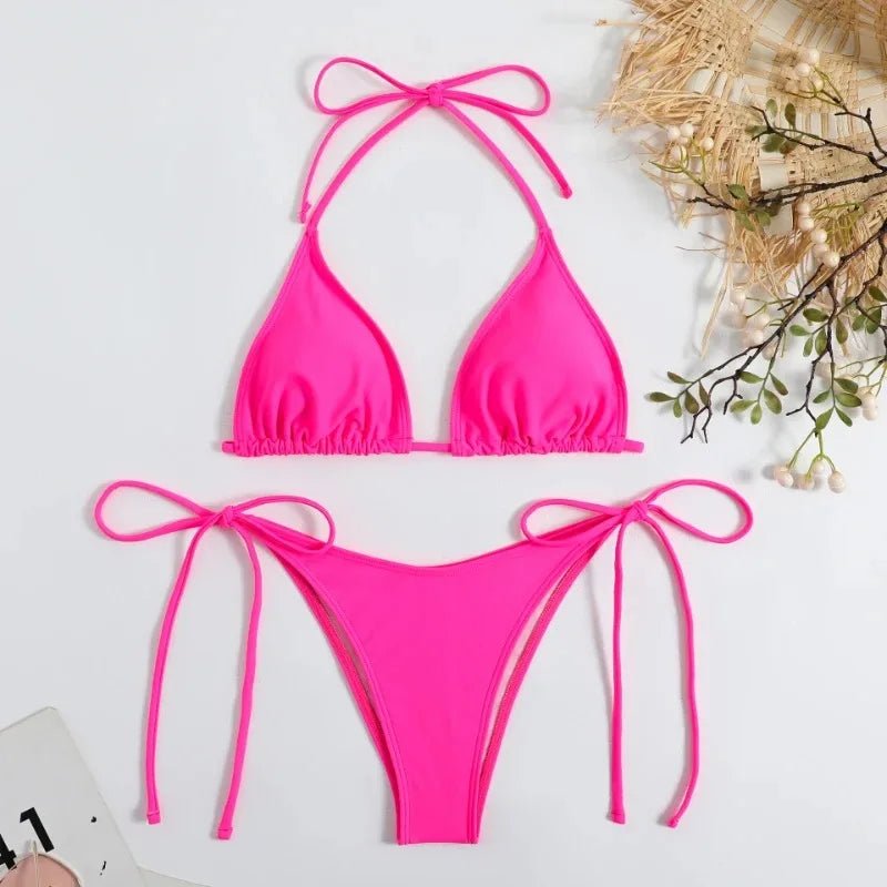 Conjunto de Bikini de Color liso con Tanga para mujer, traje de baño Sexy con lazo Halter lateral, traje de baño brasileño ajustable con correa dividida, ropa de playa - VibraStore