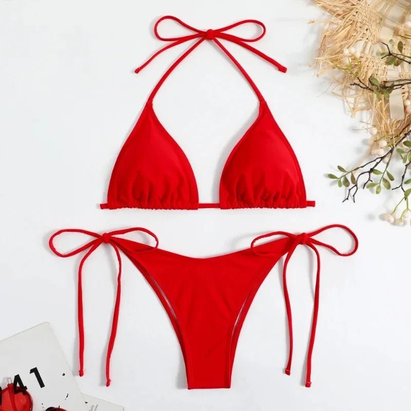 Conjunto de Bikini de Color liso con Tanga para mujer, traje de baño Sexy con lazo Halter lateral, traje de baño brasileño ajustable con correa dividida, ropa de playa - VibraStore