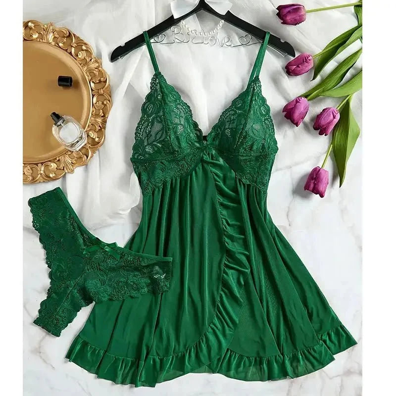 Conjunto de bragas triangulares de talla grande de 2 piezas, vestido de noche para mujer, lencería Sensual femenina, camisón curvo, ropa interior transparente, calzoncillos - VibraStore