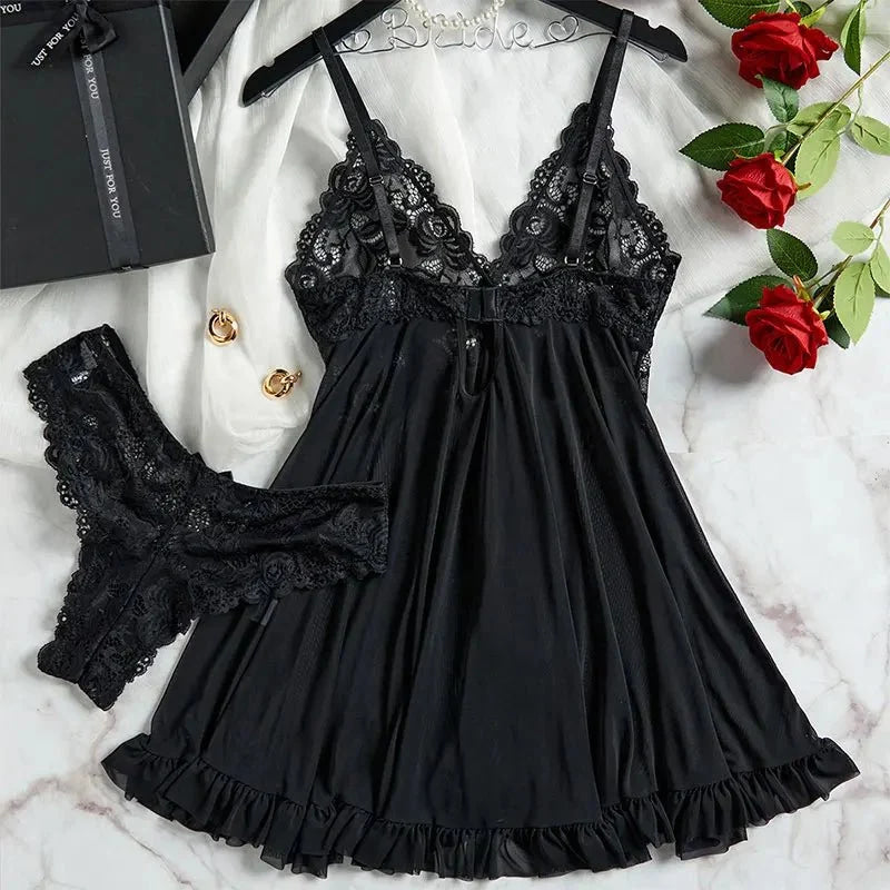 Conjunto de bragas triangulares de talla grande de 2 piezas, vestido de noche para mujer, lencería Sensual femenina, camisón curvo, ropa interior transparente, calzoncillos - VibraStore