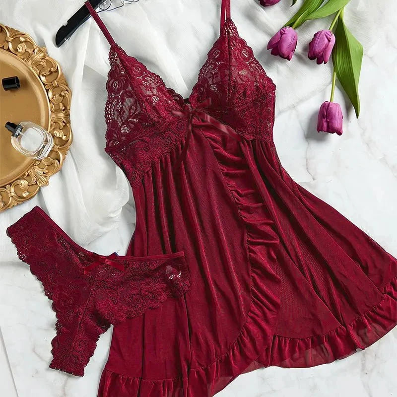 Conjunto de bragas triangulares de talla grande de 2 piezas, vestido de noche para mujer, lencería Sensual femenina, camisón curvo, ropa interior transparente, calzoncillos - VibraStore