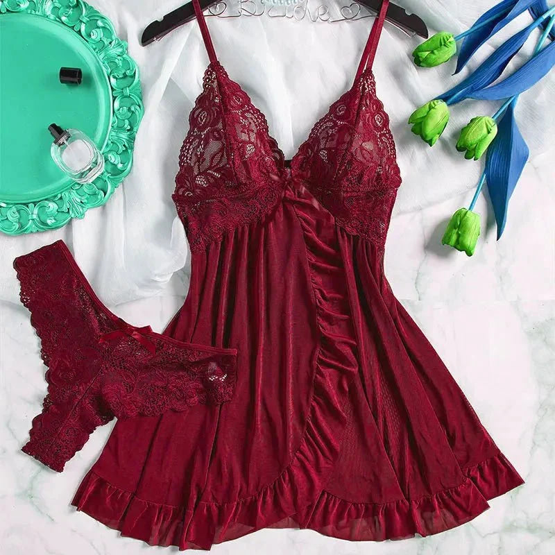Conjunto de bragas triangulares de talla grande de 2 piezas, vestido de noche para mujer, lencería Sensual femenina, camisón curvo, ropa interior transparente, calzoncillos - VibraStore