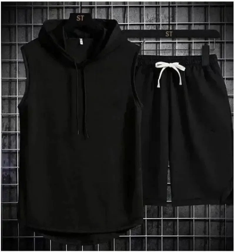 conjunto de camiseta y pantalones cortos informales de dos piezas para hombre, conjunto deportivo para hombre, conjunto deportivo de manga corta a la moda, camiseta con capucha - VibraStore