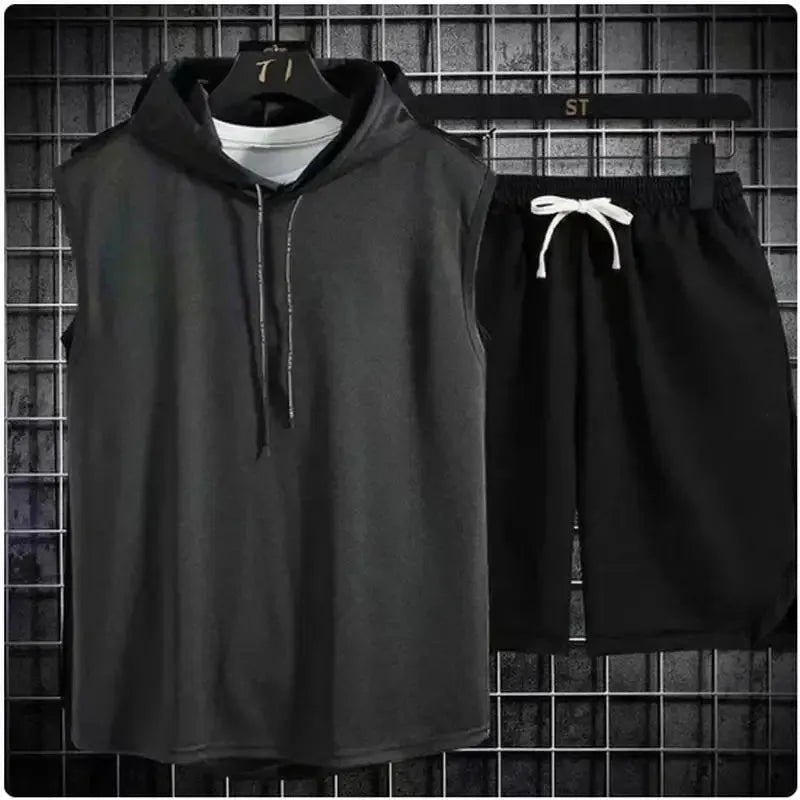 conjunto de camiseta y pantalones cortos informales de dos piezas para hombre, conjunto deportivo para hombre, conjunto deportivo de manga corta a la moda, camiseta con capucha - VibraStore