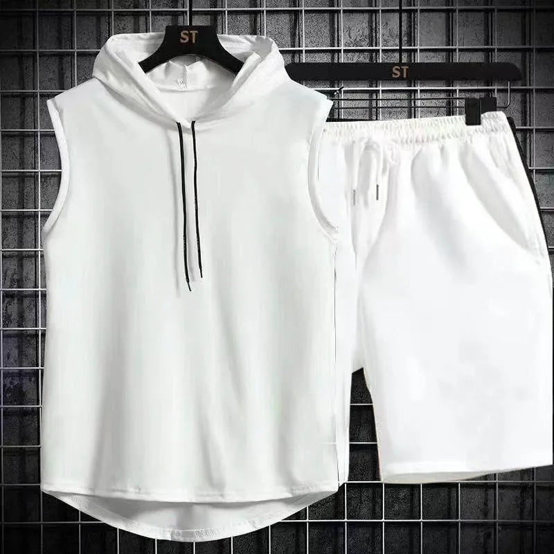 conjunto de camiseta y pantalones cortos informales de dos piezas para hombre, conjunto deportivo para hombre, conjunto deportivo de manga corta a la moda, camiseta con capucha - VibraStore