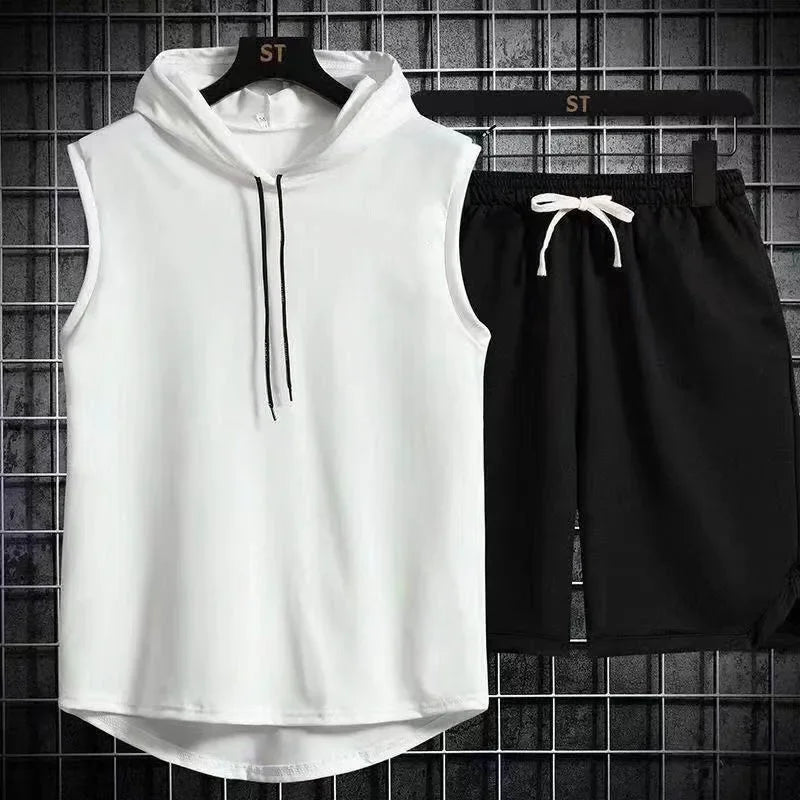 conjunto de camiseta y pantalones cortos informales de dos piezas para hombre, conjunto deportivo para hombre, conjunto deportivo de manga corta a la moda, camiseta con capucha - VibraStore