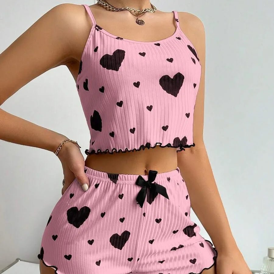 Conjunto de pijama con estampado de corazón para mujer, 2 piezas, camiseta sin mangas acanalada suave y pantalones cortos, ropa de dormir ligera, ropa de descanso S M L - VibraStore