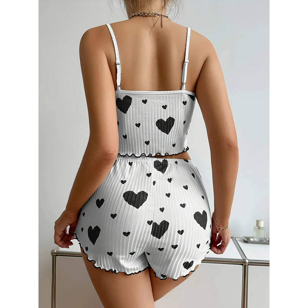 Conjunto de pijama con estampado de corazón para mujer, 2 piezas, camiseta sin mangas acanalada suave y pantalones cortos, ropa de dormir ligera, ropa de descanso S M L - VibraStore
