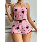 Conjunto de pijama con estampado de corazón para mujer, 2 piezas, camiseta sin mangas acanalada suave y pantalones cortos, ropa de dormir ligera, ropa de descanso S M L - VibraStore