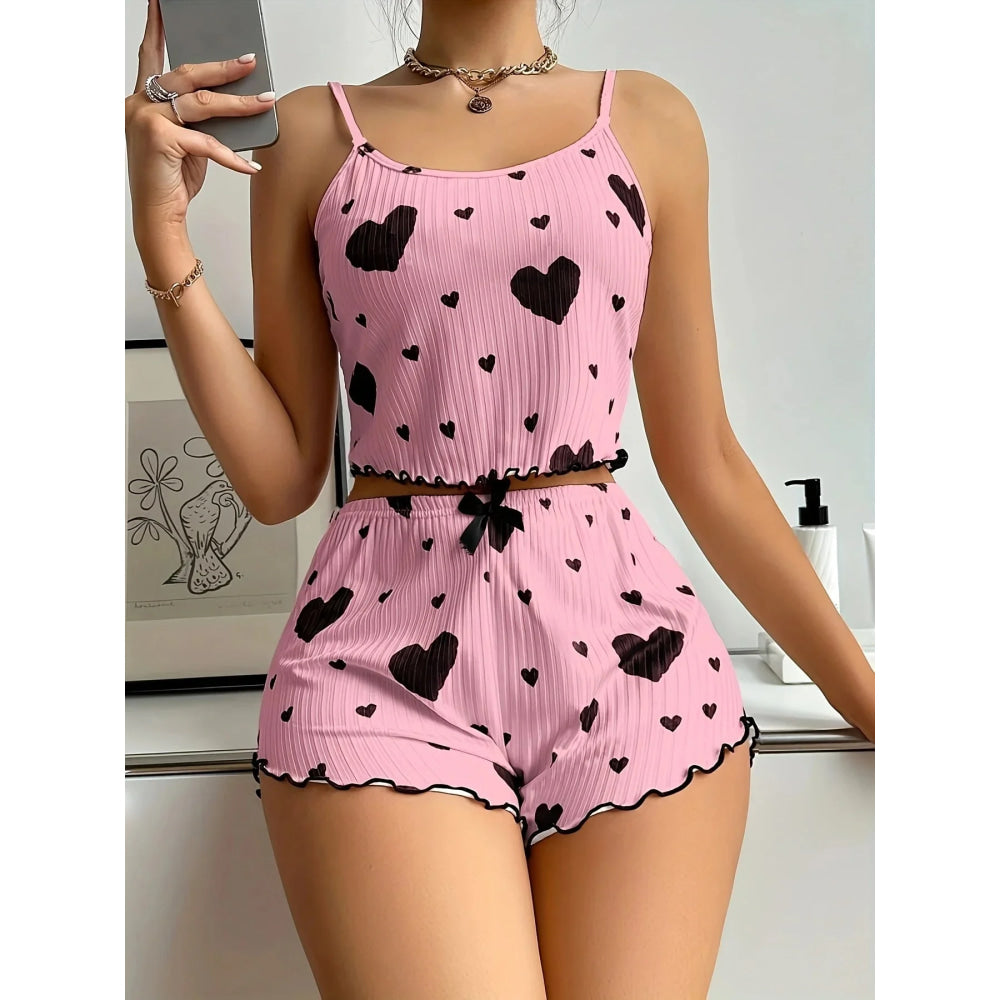 Conjunto de pijama con estampado de corazón para mujer, 2 piezas, camiseta sin mangas acanalada suave y pantalones cortos, ropa de dormir ligera, ropa de descanso S M L - VibraStore