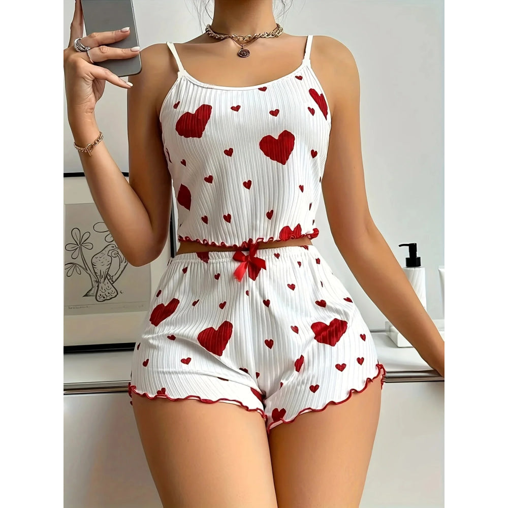Conjunto de pijama con estampado de corazón para mujer, 2 piezas, camiseta sin mangas acanalada suave y pantalones cortos, ropa de dormir ligera, ropa de descanso S M L - VibraStore