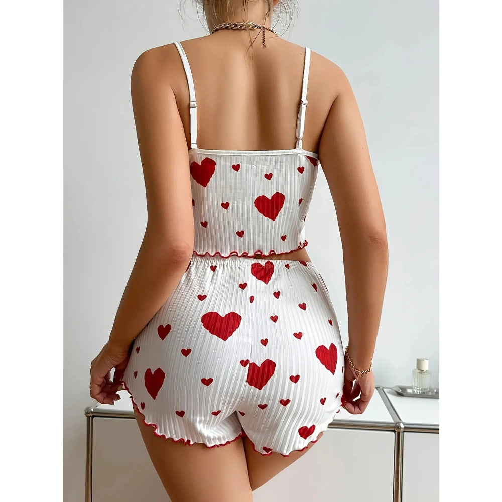Conjunto de pijama con estampado de corazón para mujer, 2 piezas, camiseta sin mangas acanalada suave y pantalones cortos, ropa de dormir ligera, ropa de descanso S M L - VibraStore