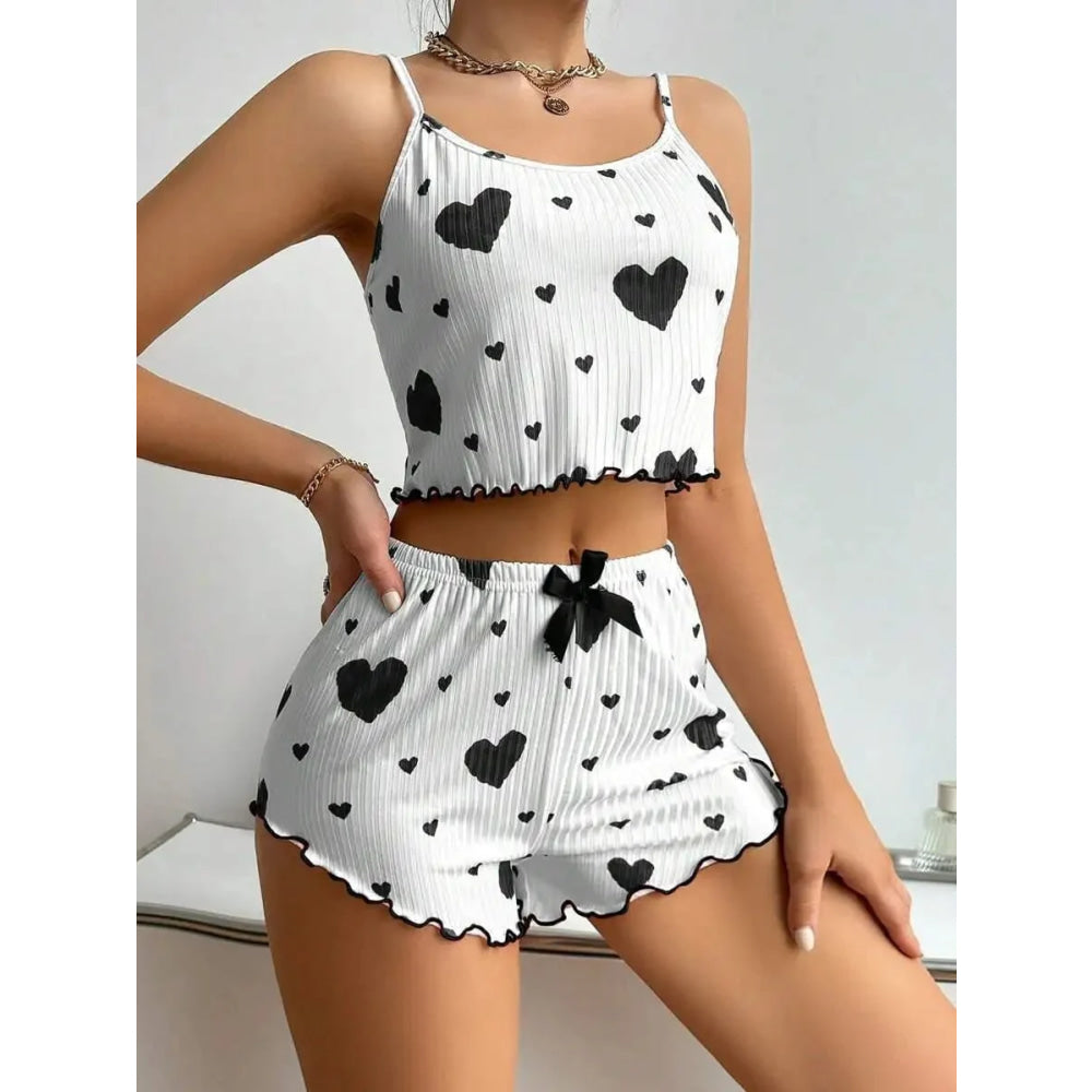 Conjunto de pijama con estampado de corazón para mujer, 2 piezas, camiseta sin mangas acanalada suave y pantalones cortos, ropa de dormir ligera, ropa de descanso S M L - VibraStore