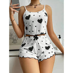 Conjunto de pijama con estampado de corazón para mujer, 2 piezas, camiseta sin mangas acanalada suave y pantalones cortos, ropa de dormir ligera, ropa de descanso S M L - VibraStore