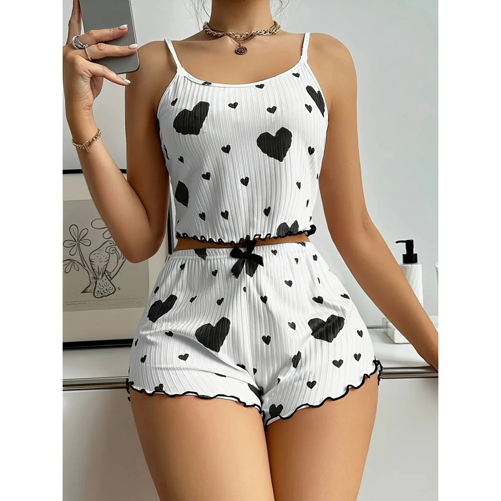 Conjunto de pijama con estampado de corazón para mujer, 2 piezas, camiseta sin mangas acanalada suave y pantalones cortos, ropa de dormir ligera, ropa de descanso S M L - VibraStore