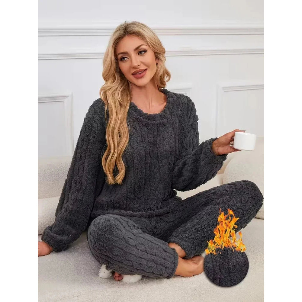 Conjunto de pijama de dos piezas para otoño e invierno con forro polar, ropa para el hogar de terciopelo Coral grueso, conjuntos de pantalones cálidos de manga larga a la moda - VibraStore